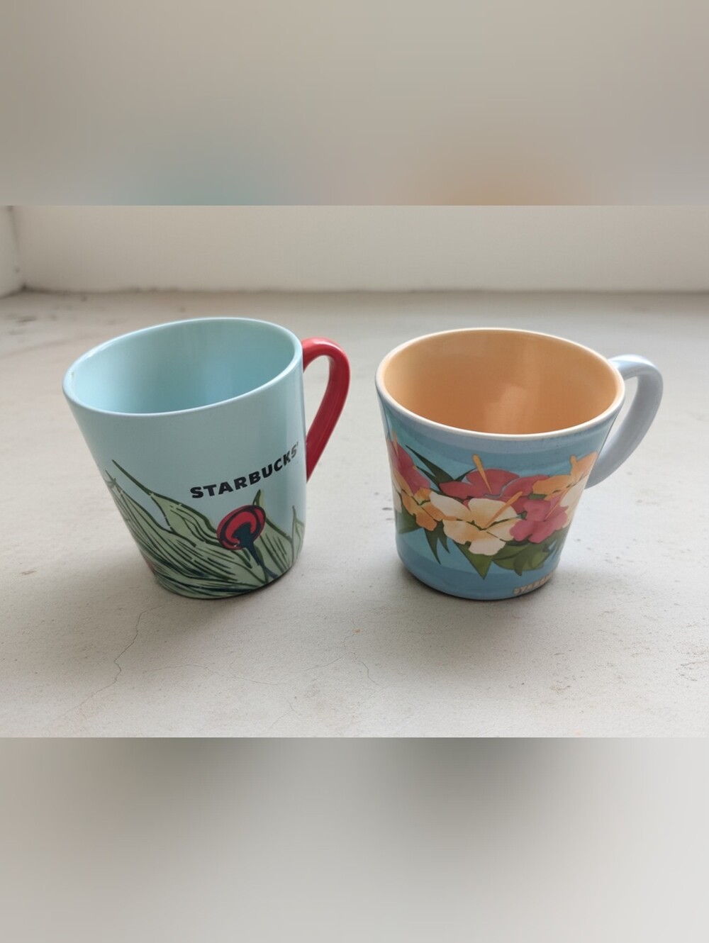 Starbucks Light Blue Ceramic Mug with Red Handle and Floral Blue Mug